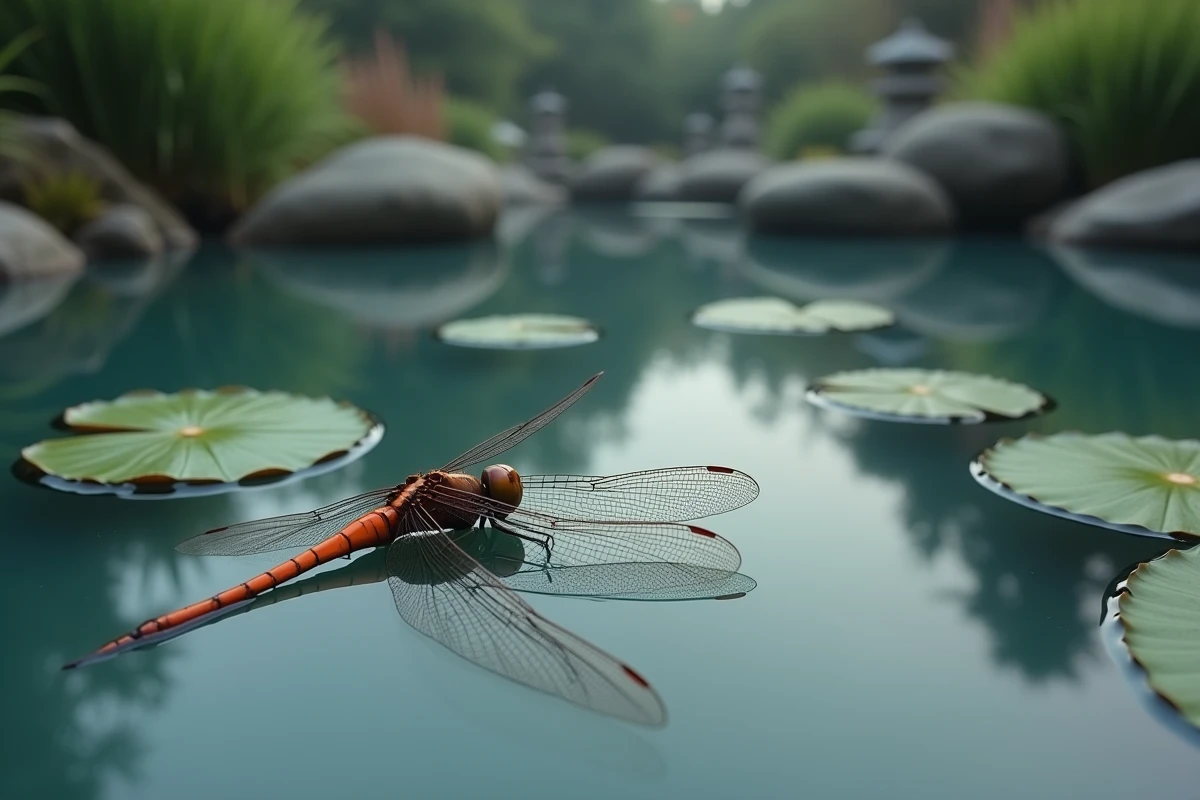 Libellule morte flottant sur un étang de jardin japonais entourée de nénuphars, symbolisant le passage et la spiritualité après un deuil