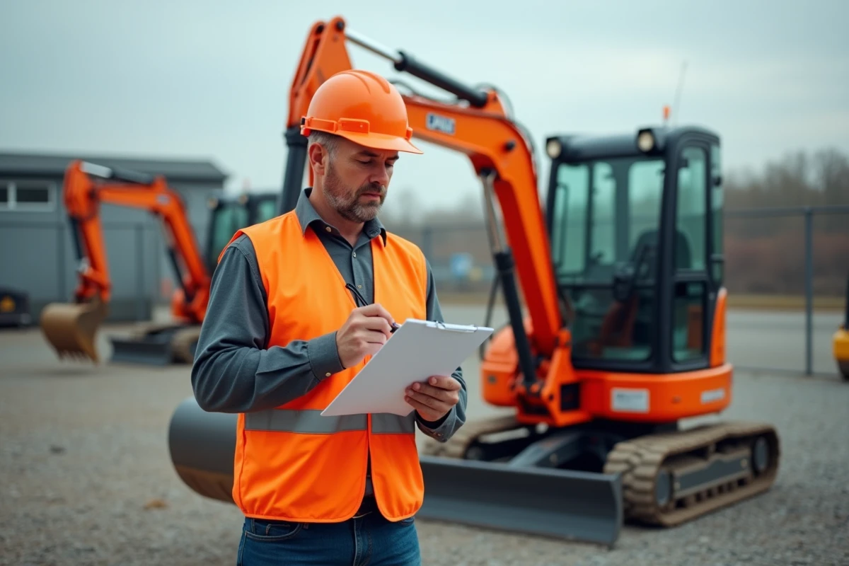Homme en vestiaire vérifiant un contrat de location à côté d'une mini excavatrice