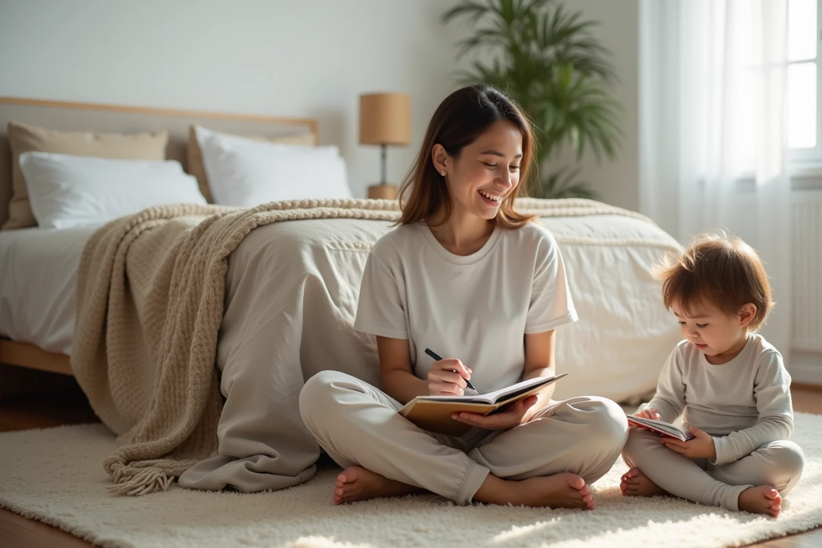 Maman assise avec son enfant lisant dans une chambre lumineuse