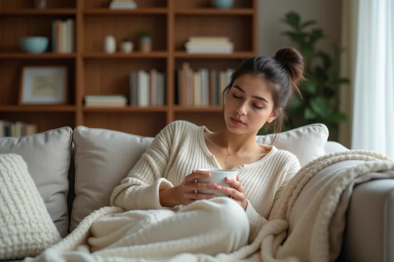 Jeune maman détendue avec une tasse de tisane dans un salon cosy