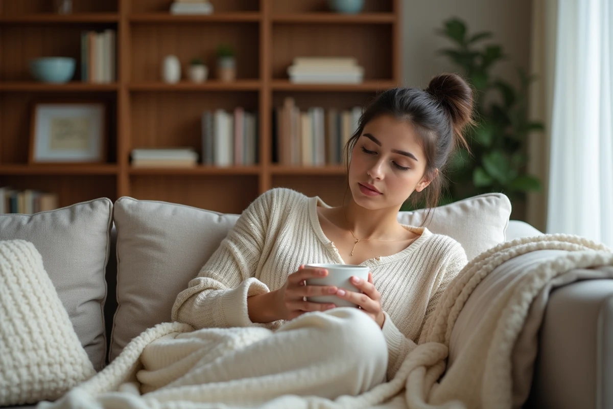Jeune maman détendue avec une tasse de tisane dans un salon cosy