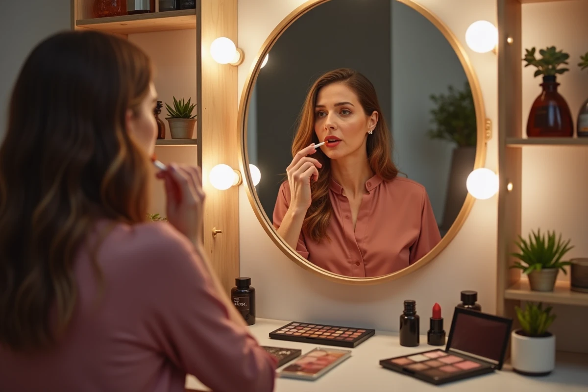 Femme appliquant un rouge à lèvres terracotta devant un miroir de coiffeuse, maquillage tendance beauté automne