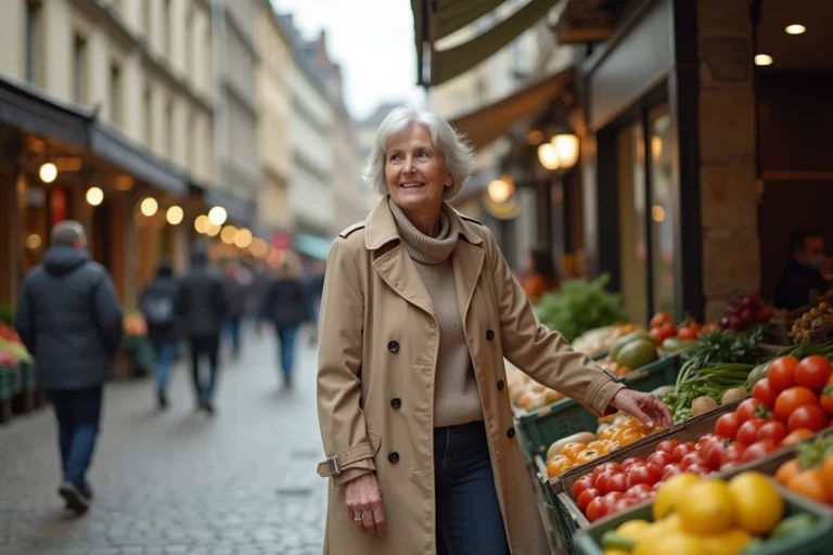 Marché de la Place des Lices à Rennes avec une femme parcourant les étals de producteurs locaux
