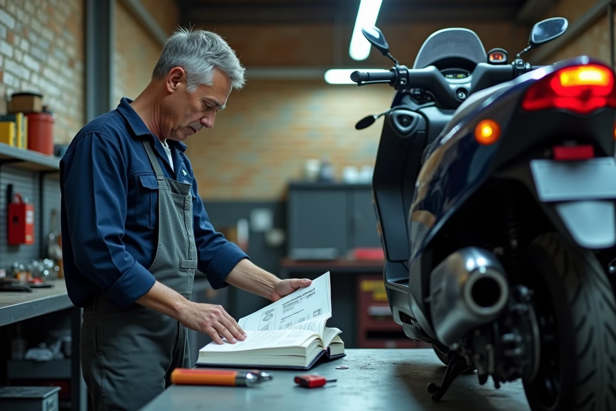 Mécanicien consultant le manuel du propriétaire Yamaha TMAX 530 pour vérifier le type d'essence recommandé en atelier