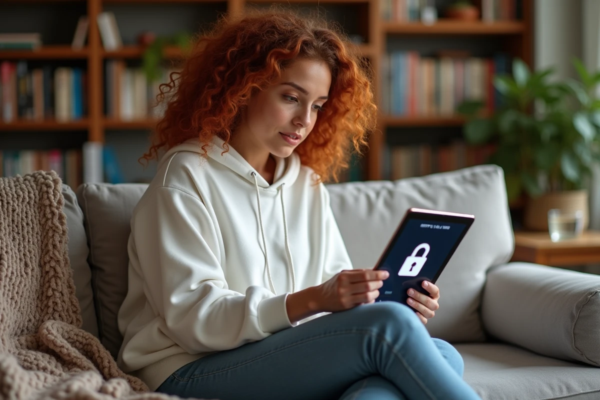 Jeune femme naviguant en sécurité sur internet avec un VPN et connexion HTTPS sur tablette à la maison