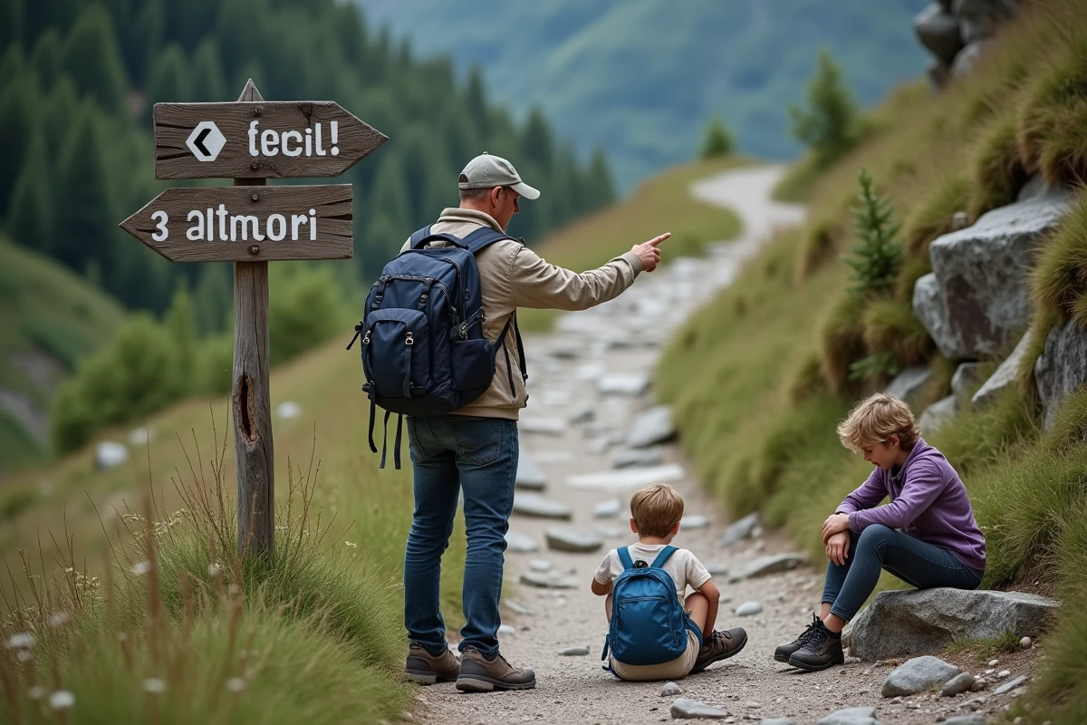 Une famille s'arrête devant le panneau du col d'Atharri, les adultes décidant de ne pas prolonger la randonnée avec de jeunes enfants fatigués