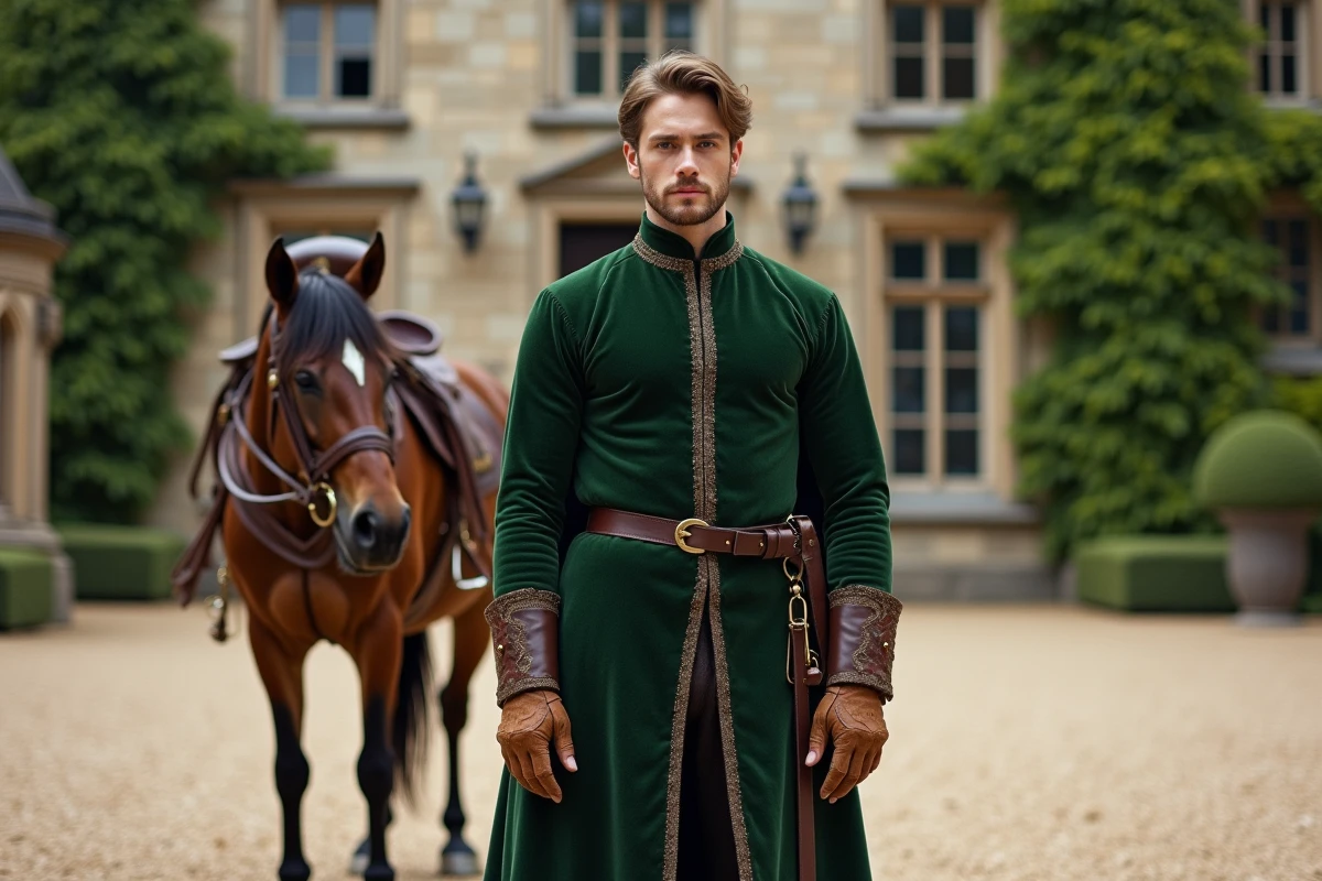 Jeune noble du XVIe siècle en costume Renaissance devant un château français avec son cheval