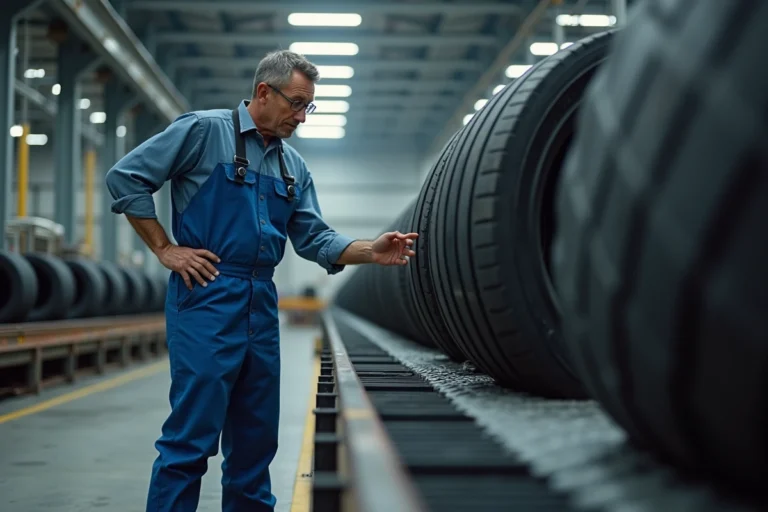 Ouvrier en usine inspectant un pneu noir sur la chaîne