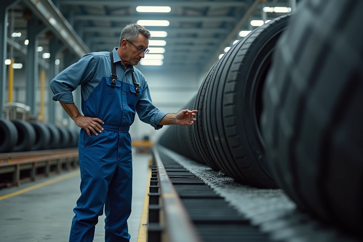 Ouvrier en usine inspectant un pneu noir sur la chaîne
