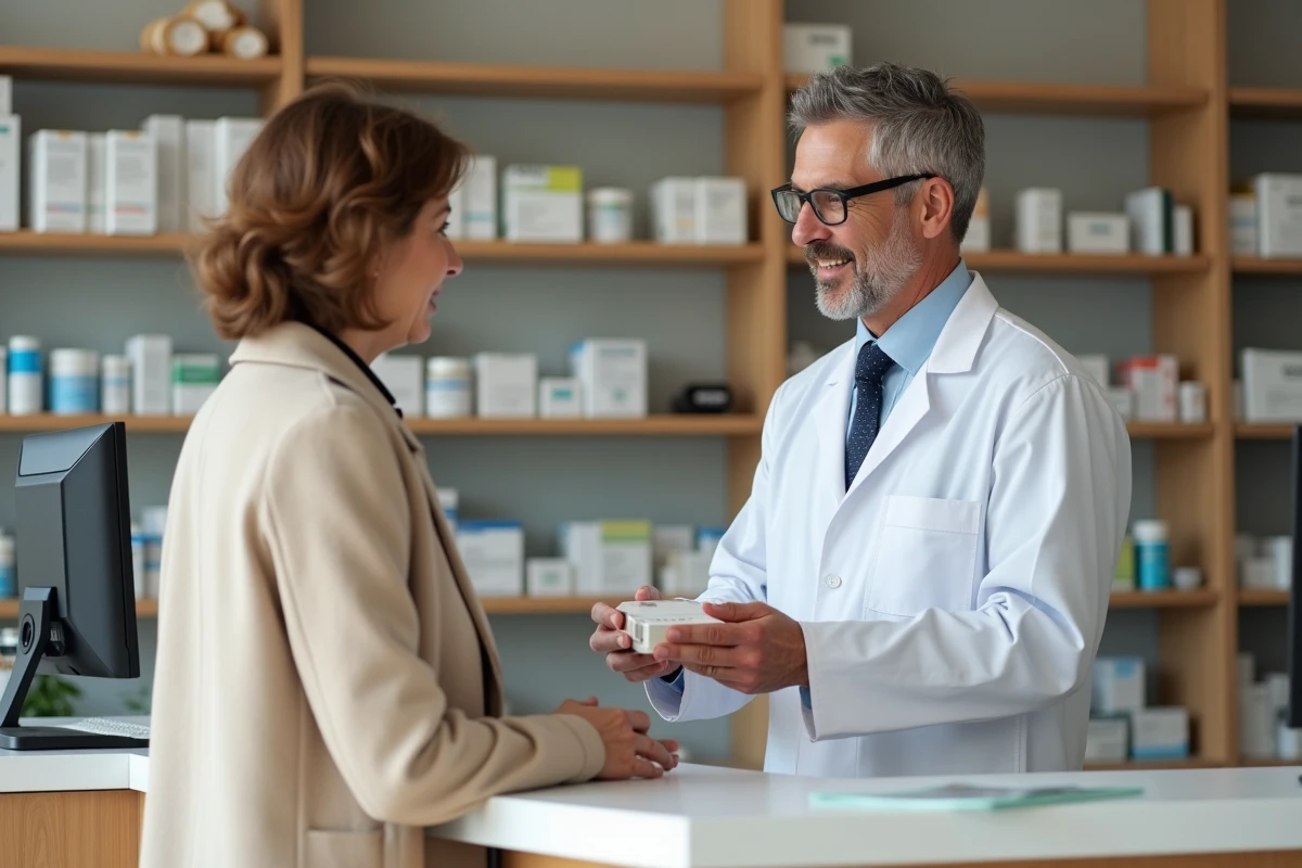Pharmacien remettant une boîte de médicament à une patiente âgée au comptoir d'une pharmacie, dans le cadre d'une consultation sur le Seresta