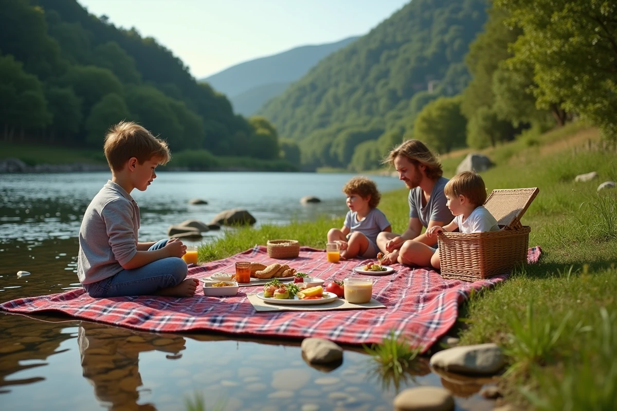 Un pique-nique familial au bord de la Nive lors de la visite du Pas de Roland, loin du village, sur une rive herbeuse et naturelle