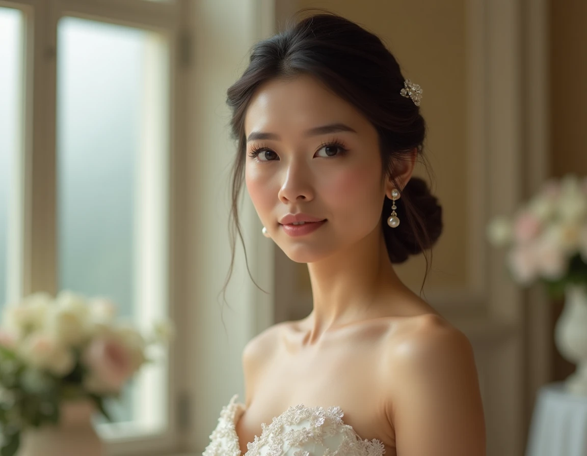 Portrait d'une mariée en robe brodée dans une salle de réception élégante lors d'une cérémonie intime