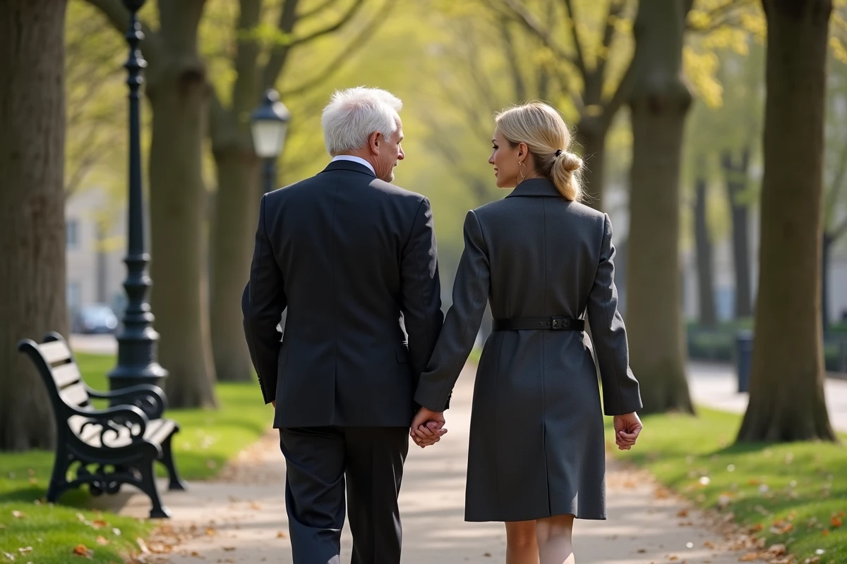Homme et femme se promenant dans un parc parisien au printemps