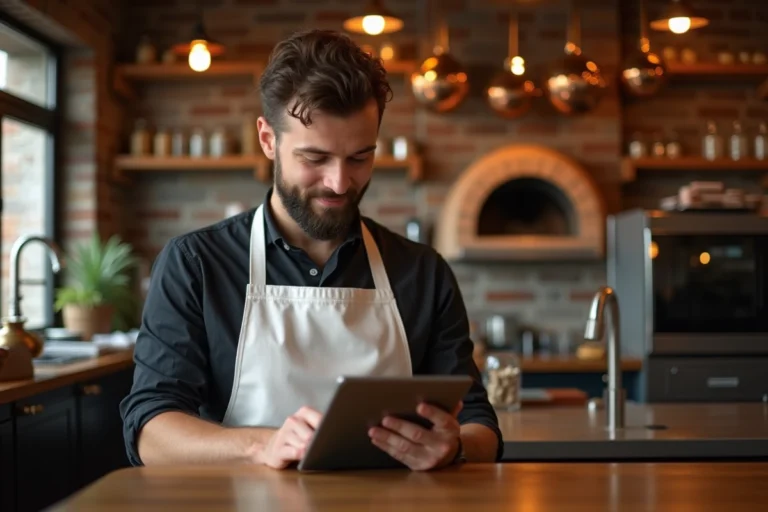 Propriétaire de pizzeria consultant le logiciel de gestion MyPizzaDoor Pro sur une tablette derrière le comptoir