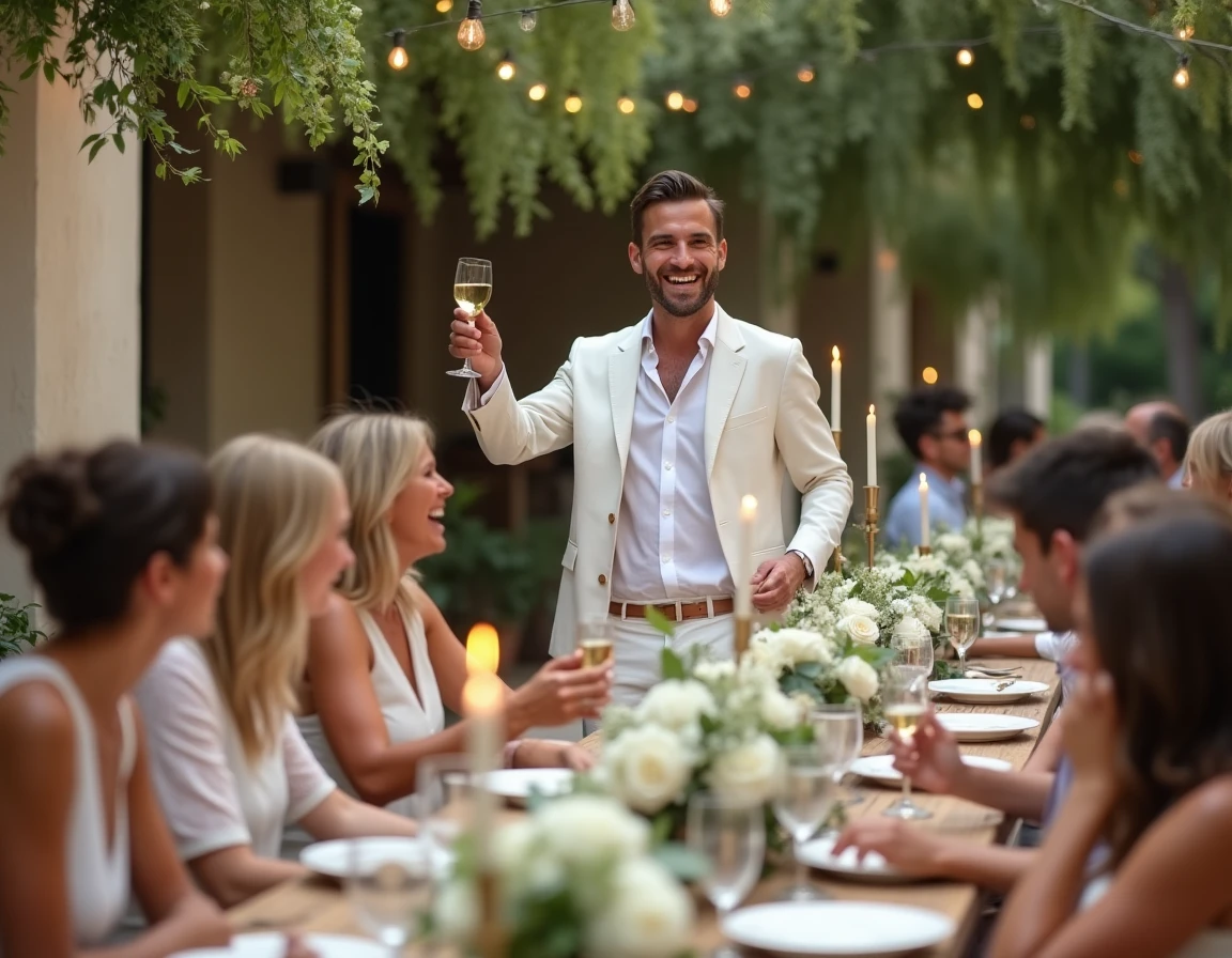 Réception de mariage en plein air dans une ferme provençale avec des invités qui célèbrent autour d'une longue table décorée