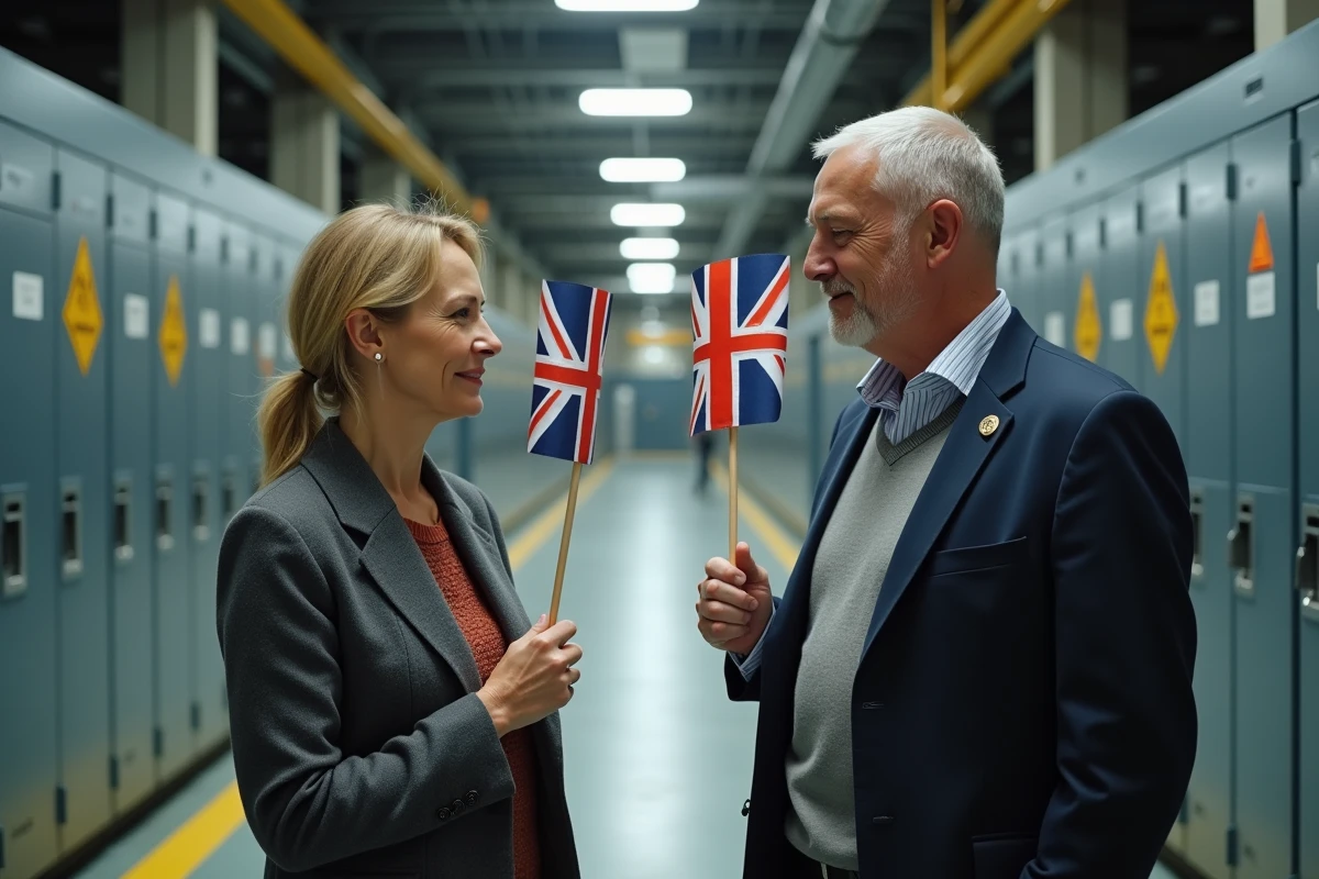 Deux représentants syndicaux discutant dans un couloir industriel