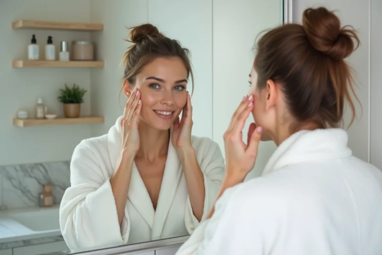 Femme appliquant un sérum sur son visage devant un miroir de salle de bain moderne, routine beauté quotidienne tendance
