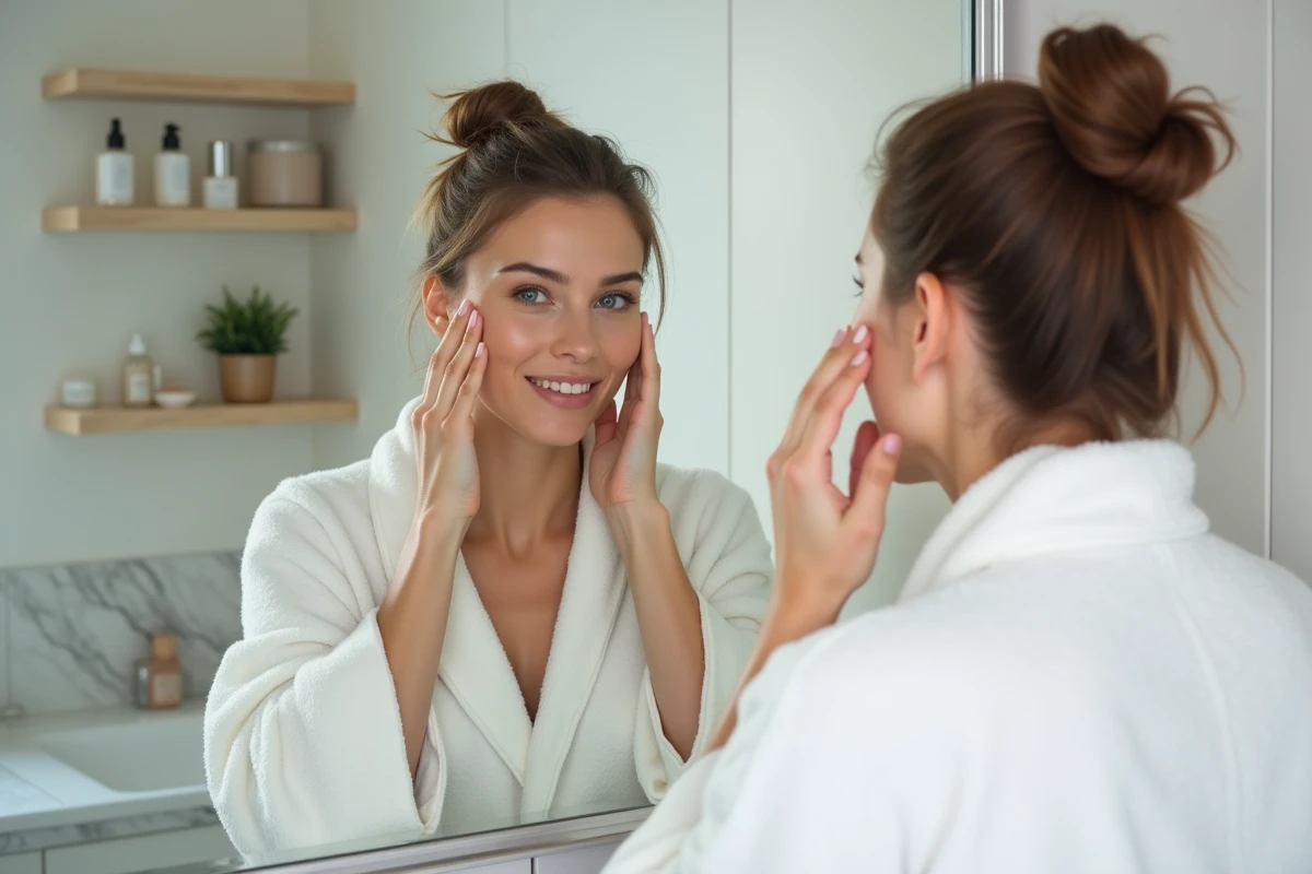 Femme appliquant un sérum sur son visage devant un miroir de salle de bain moderne, routine beauté quotidienne tendance