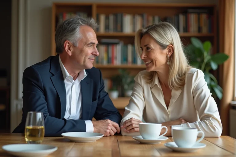 Homme d age et femme confiante lors d un dîner parisien