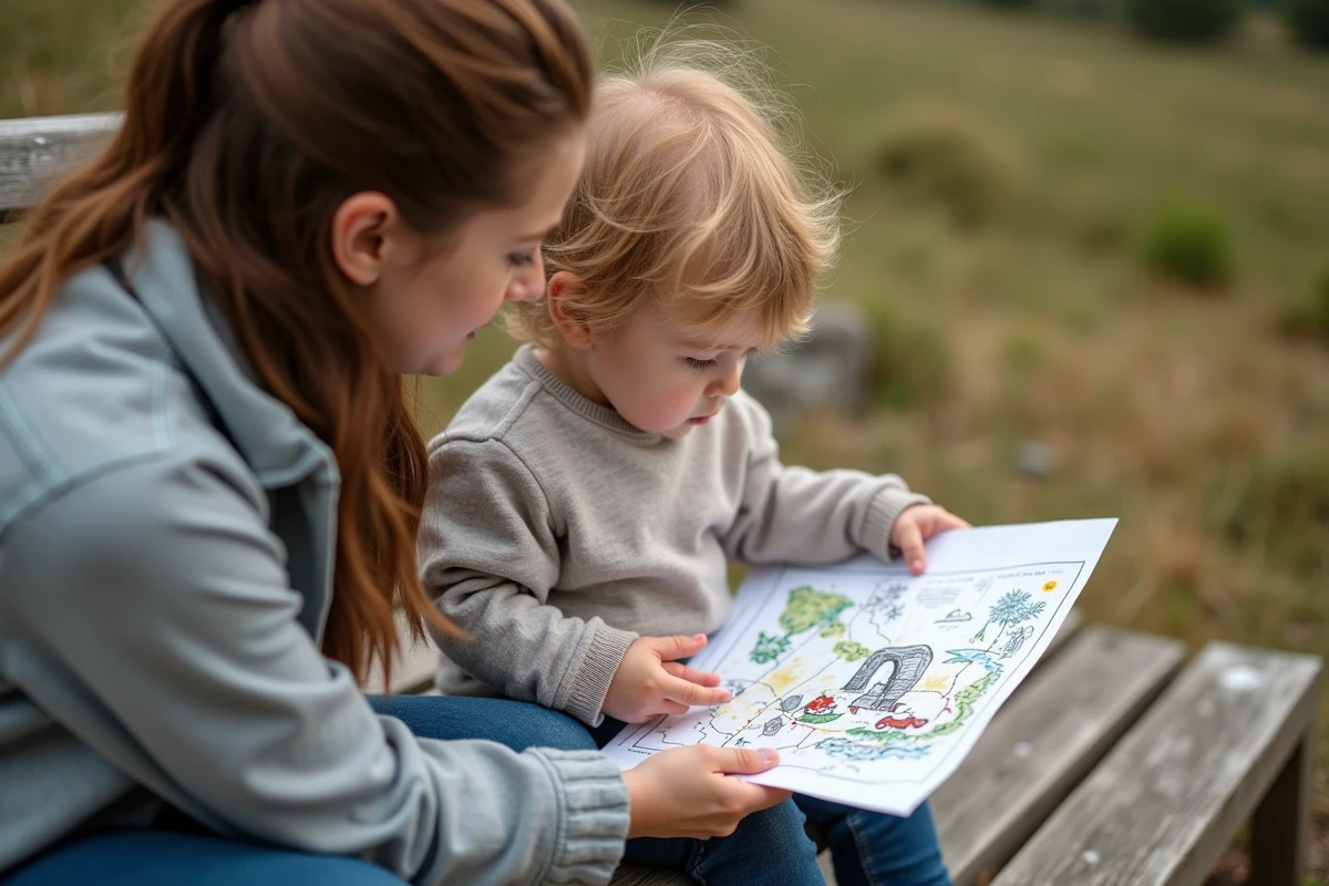 Un parent montre à son enfant une carte illustrée séquentielle de la balade du Pas de Roland, outil de préparation visuelle pour enfants neurodivergents