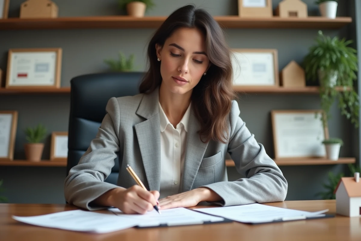 Femme signant un contrat d'accession à la propriété dans un bureau notarial