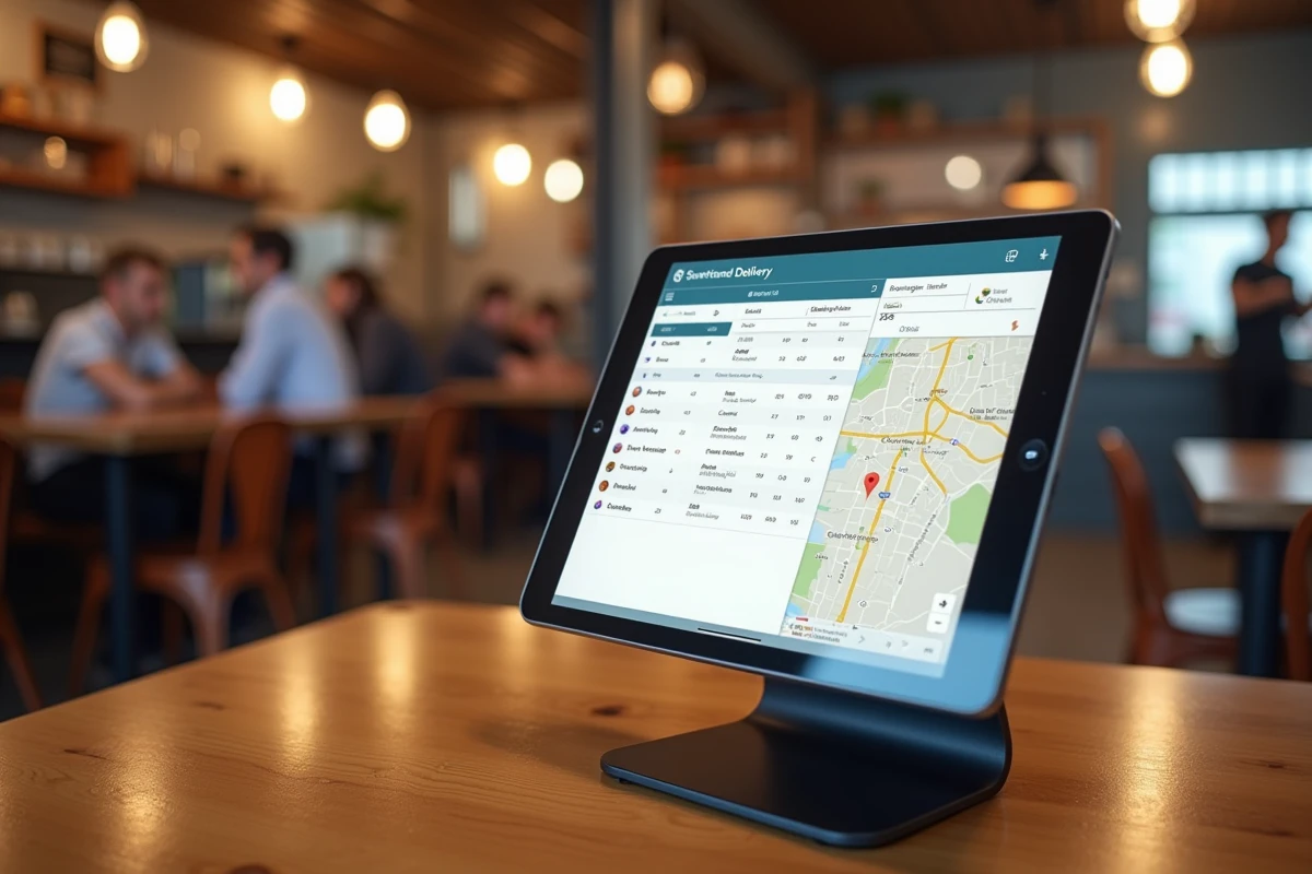Tablette affichant le logiciel de gestion de livraison de pizzas MyPizzaDoor Pro posée sur le comptoir d'accueil d'une pizzeria
