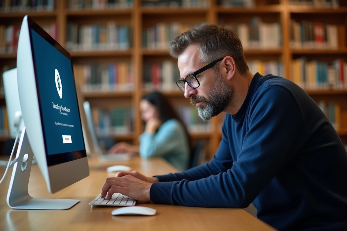 Homme téléchargeant Office gratuit sur iMac dans une bibliothèque universitaire avec étagères en arrière-plan