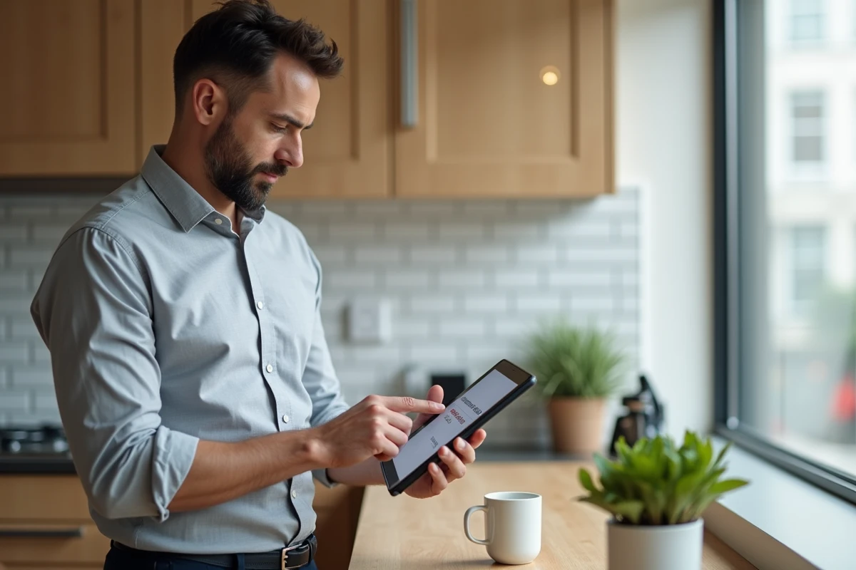 Homme en télétravail s'authentifiant sur le Webmel Nancy Metz via une tablette avec validation en deux étapes depuis son domicile