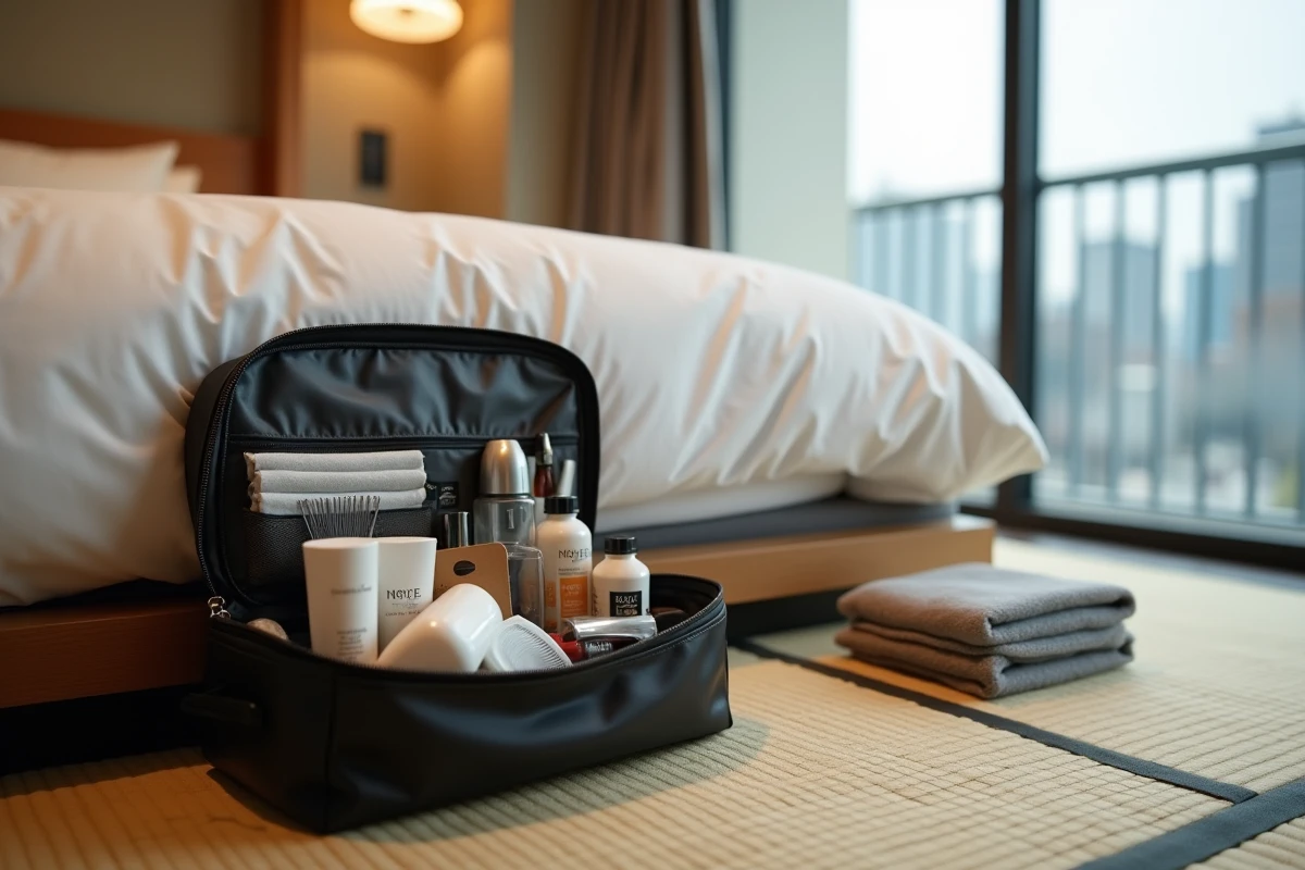 Trousse de toilette ouverte sur un tatami dans une chambre d'hôtel japonais avec les articles de soin fournis par l'établissement disposés autour