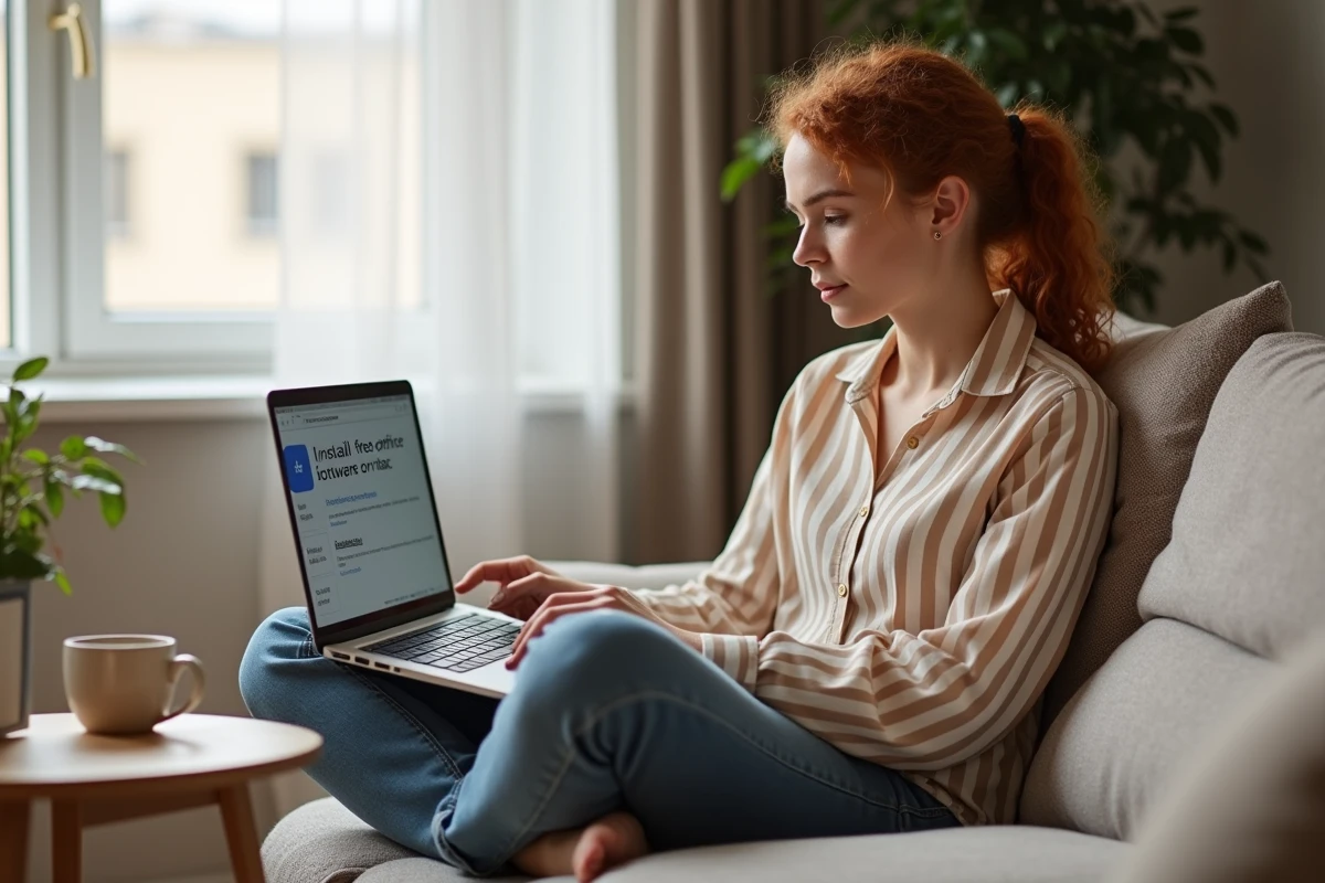 Jeune femme consultant un tutoriel d'installation d'Office gratuit sur MacBook Air dans un salon cosy