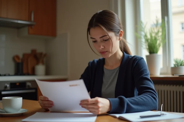 Femme vérifiant l'authenticité d'un courrier administratif avec adresse expéditeur imprimée à Paris