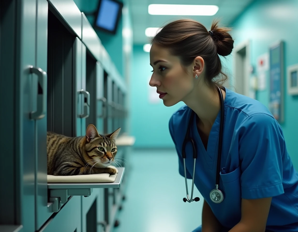 Vétérinaire en blouse bleue vérifiant l'état d'un chat tigré hospitalisé dans un box de surveillance clinique