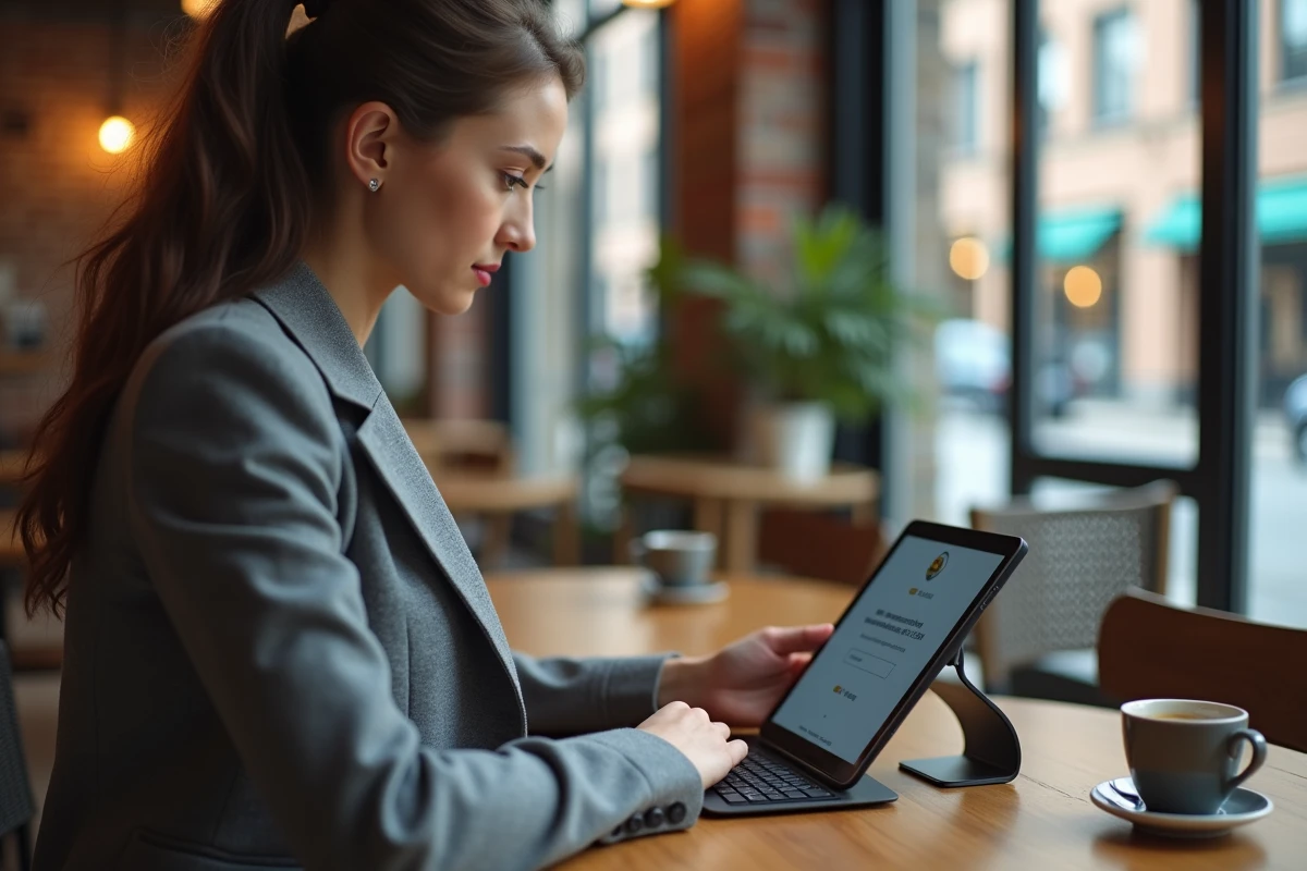 Jeune femme se connectant au webmail AC Versailles sur une tablette dans un café