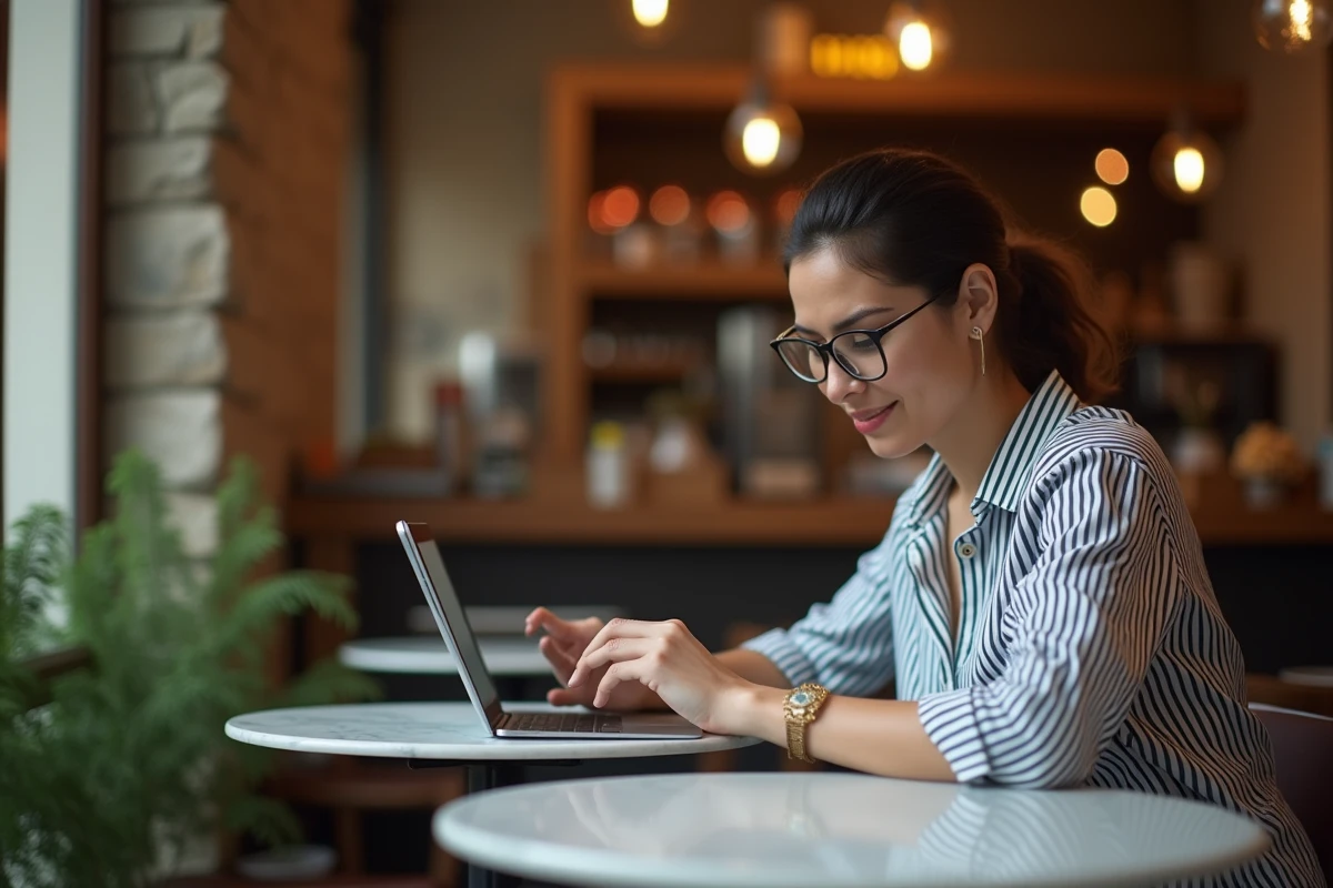 Jeune femme consultant son webmail Convergence sur une tablette dans un café typique de Lyon