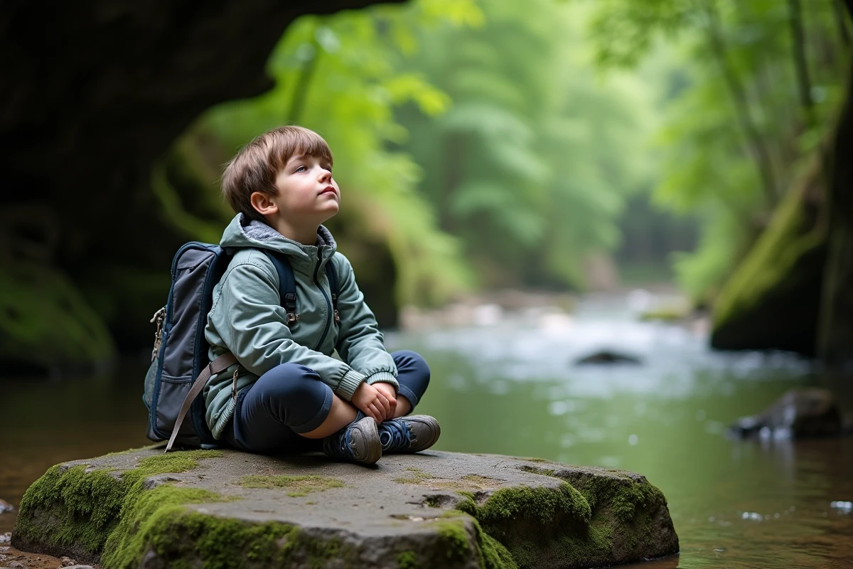 Un enfant marque une pause sensorielle sur un rocher plat au bord de la Nive, dans une alcôve naturelle ombragée du Pas de Roland